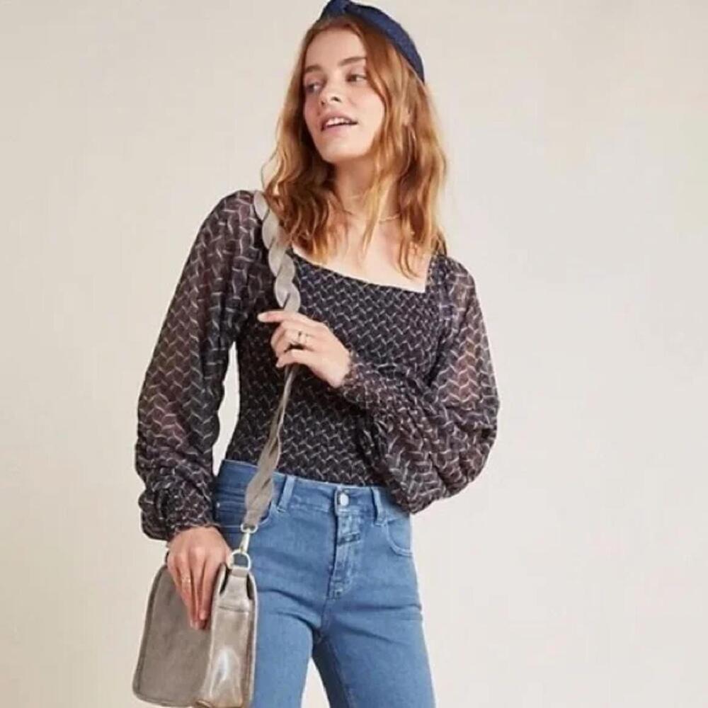 Sheer Sleeve Patterned Blouse By Anthropologie - image 8